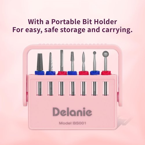 Delanie Professional Nail Drill Bit Set, 7 Pieces with Holder, Carbide and Diamond Bits, Model BS001