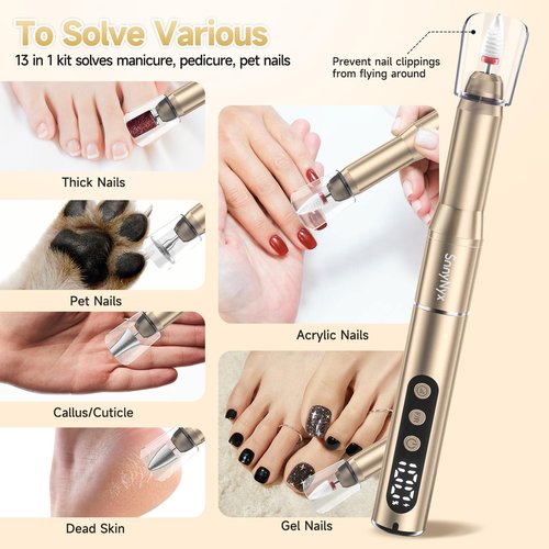 SnnyNyx Cordless Electric Nail Drill 35000 RPM, Professional Nail File Kit with LCD Display, 12 Bits & 36 Sanding Bands, for Acrylic Gel Nails, Pet Claws, Salon & Home Use (Sand Dune)