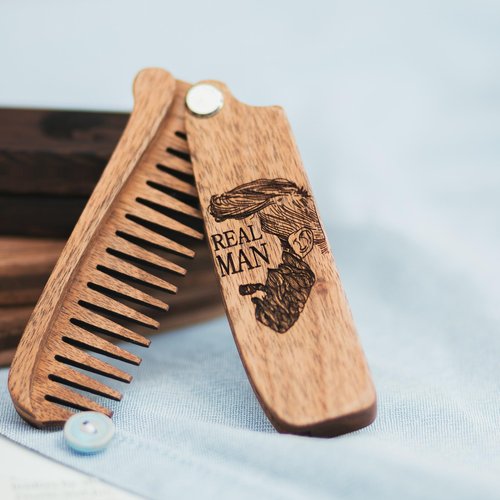 Beard Comb for Men Pocket Folding Combs for Mustache & Hair Travel Natural Wooden Comb with Real Man Engraving - Perfect for Use w/Beard Balm Oil (Wavy Half Skull) (Model RM)