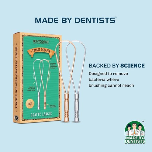 BENTODENT Stainless Steel Tongue Scraper - 2-Pack in Silver & Rose Gold | Travel Case Included, Reduces Bad Breath