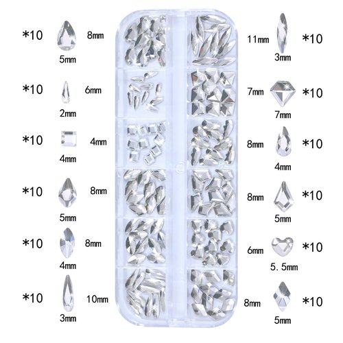 Nail Rhinestones - 3D Multi Shape Size, Flat Back, Manicure Rhinestones Charms, Crystals White Gems, with Kit, for Nail Art, Bedazzling Acrylic Nails, DIY Decor