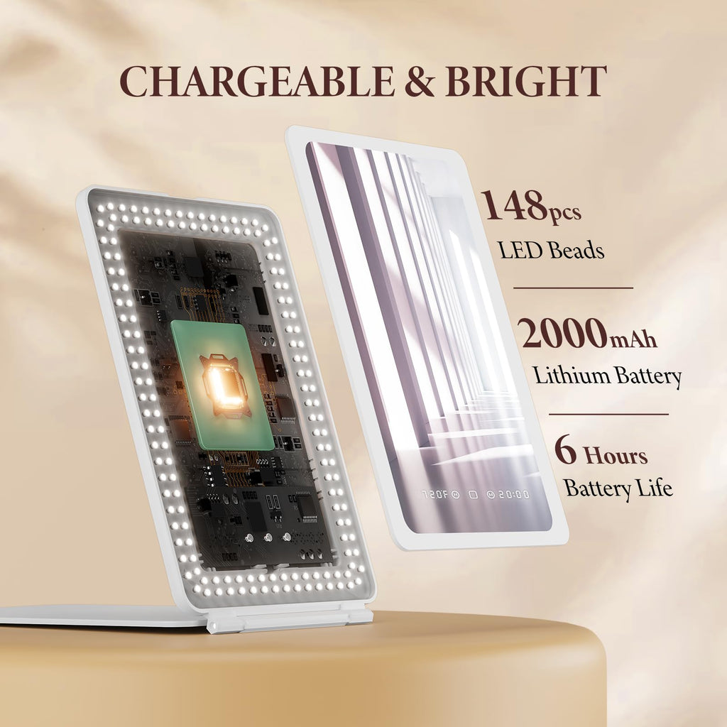 Zemmys Travel Makeup Mirror with Time & Temperature Display, 2000mAh Rechargeable Battery, 7.5" Portable Foldable Lighted Mirror