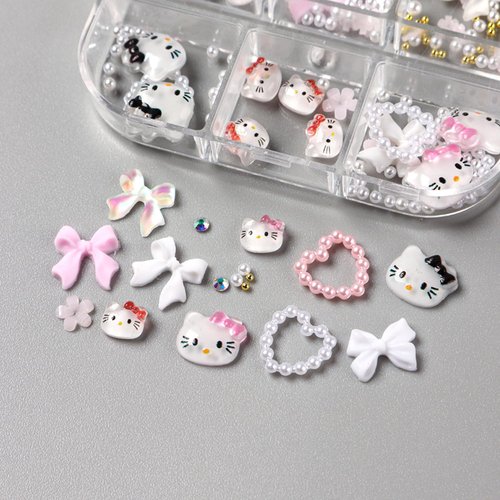6Girds/Box Cartoon Nail Art Charms Set, 3D Cute Nail Rhinestones Charm Nail Bow and Heart 3D Flowers for Nails Design, Gems Pearls Nail Jewelry DIY Crafts Nail Art Accessories Manicure Tools