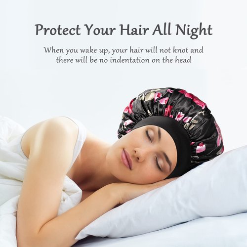 Satin Bonnet Silk Bonnet Hair Bonnet for Sleeping- 4 Pack Sleep Bonnets for Women with Wide Elastic Band for Curly Hair Braids