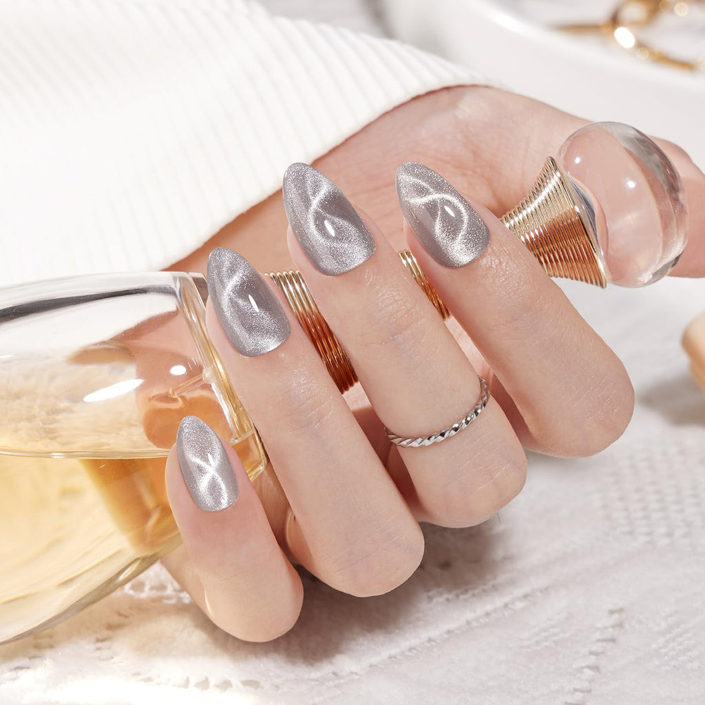 VSALON Press On Nails Short Almond, 32 Pcs 16 Sizes Cat Eye Spring Press On Nails Silver Shimmer Ribbon Sparkly Fake Nails With UV Glue Reusable Stick On Nails Semi-transparent