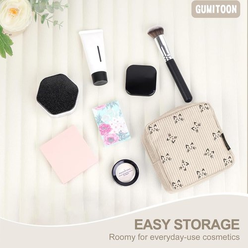 GUMITOON Small Makeup Bag Pouch for Purse Cute Cat Corduroy Mini Cosmetic Bag for Women with Slip-in Pockets Sanitary Napkin Pouch,Beige