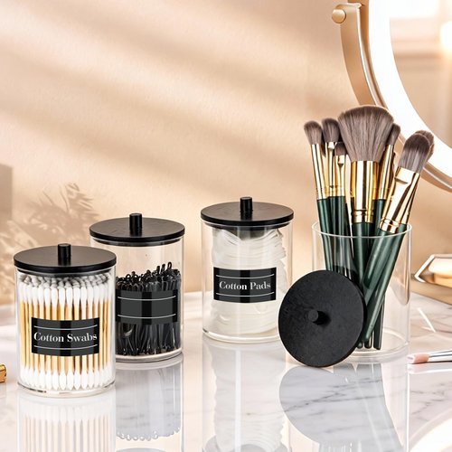 4 Pack 10 oz Acrylic Qtip Holder with Labels Dispenser- Bathroom Small Clear Plastic Canister Apothecary Jar Set Essentials Accessories Decor, Vanity Storage Organizer