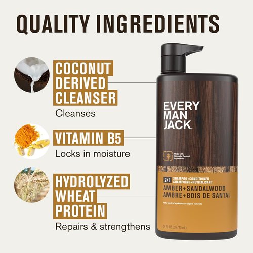 Every Man Jack 2-in-1 Daily Shampoo & Conditioner - Nourishing Amber & Sandalwood | 24oz Bottle for All Hair Types
