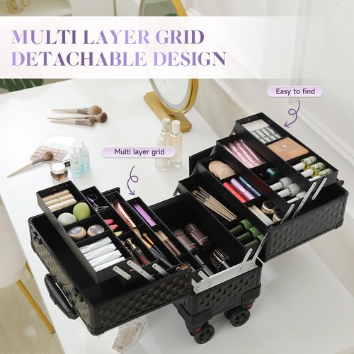 Leeora&Leekoo High-Capacity Multilayer Portable Nail Case for Nail Tech Organizer with Wheels - Lockable Makeup Case Organizer, Cosmetic Case, Makeup Train Case (watercube pattern)