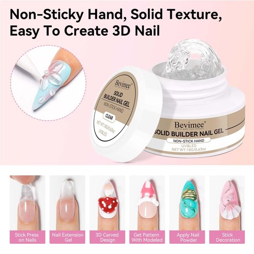 Bevimee 18g Solid Builder Gel for Nails 15g 3D Nail Sculpting Gel for Nail Art, Clear Non-Stick Hand for Modeling, Sculpture, Nails Extension UV/Led Manicure DIY at Home