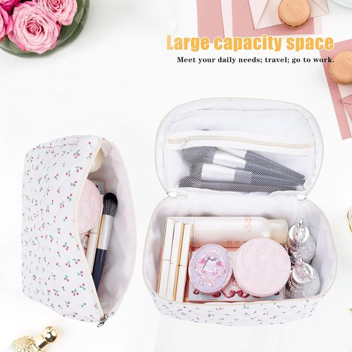 Hyfant 2Pcs Floral Quilted Makeup Bag Set Coquette Makeup Bags Large Cotton Cosmetic Bag Cute Makeup Bag with Bow Pattern Portable Travel Toiletry Bag For Women