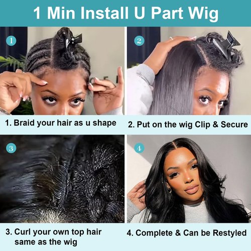 EMOL U Part Human Hair Wig Body Wave 18 Inches Upart Wig for Black Women Medium Length Brazilian Remy Human Hair Glueless Wigs Natural Black Breathable No Sew In Beginner Friendly