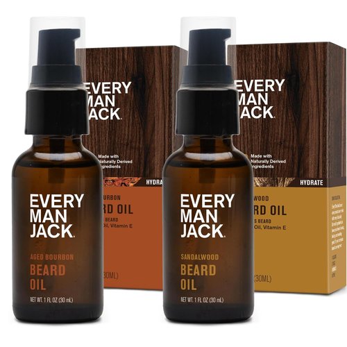 Every Man Jack Beard Oil - Aged Bourbon & Sandalwood Scent - Deep Moisturization & Natural Shine - 1 fl oz (2 Pack)