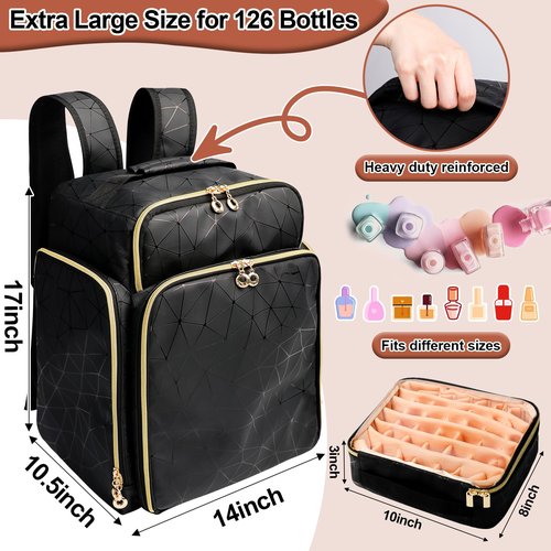 ahzske Nail Polish Organizer Backpack Holds 126 Bottles& Nail Lamp, Extra Large Nail Kit Supplies Organizer Bag with 3 Removable Cases, Portable Nail Organizers and Storage for Trave (Elegant Black)