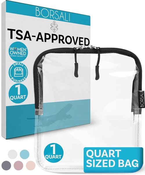 BORSALI Clear TSA Approved Toiletry Bag - Quart Size for 3-1-1 Liquids | Travel Cosmetic Organizer