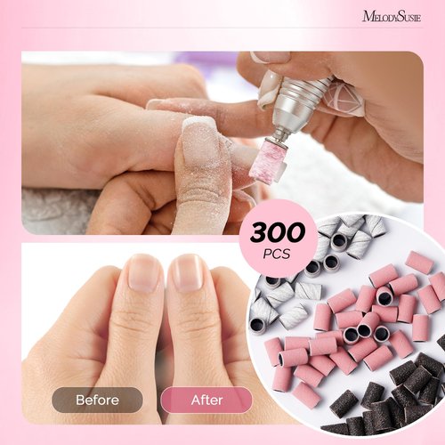 MelodySusie 300 Pcs Sanding Bands with Mandrel,120 Medium, 180 Fine, 240 Extreme Fine Grit, E-File Sand Piece Nail Drill Bits Set for Acrylic, Gel Removal, Manicures and Pedicures