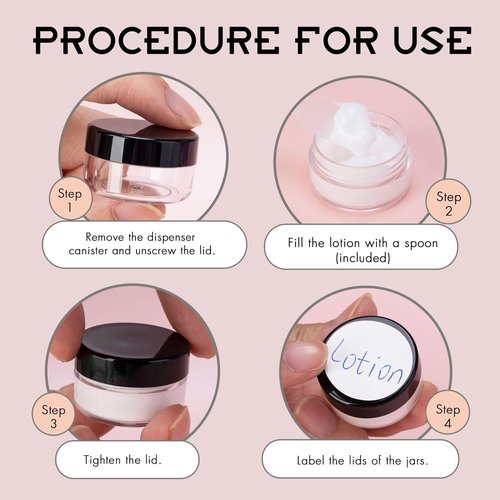 100 Count 5 Gram Sample Containers, Clear Lip Balm Containers with Lids, Small Plastic Sample Jars with 8 Mini Spoons, 100pcs Labels (Pink Lid)
