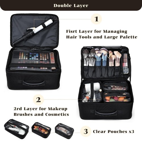 Costravio Makeup Bag Organizer Large Makeup Case Backpack Professional 2 Layers Cosmetic Storage Organizer Brush Slot with 3 Clear Set Bags for Makeup Artists with Shoulder Strap Adjustable Dividers