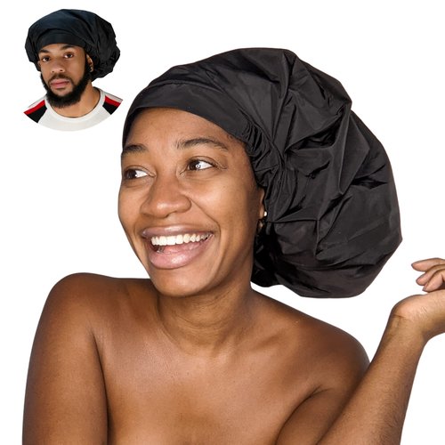 TTAT Shower Cap Jumbo Size for Men & Women With Afro, Long Dreadlocks, Locs, Box Braids, Coily, Voluminous & Long Hair, Waterproof, Washable, Reusable & Adjustable (Black)