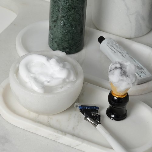 Koville White Marble Shaving Soap Bowl Handmade from Natural Marble, Heat Retaining Stone Provides a Luxurious Hot Shave Experience, Shaving Bowl Gift for Men with 2 Pack Shaving Brush