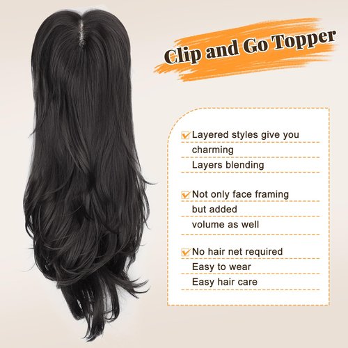 ALXNAN Hair Toppers For Women with Thinning 3D 360°Cover,26Inch Black Long Straight Layered Clip In Synthetic hair topper with Bangs