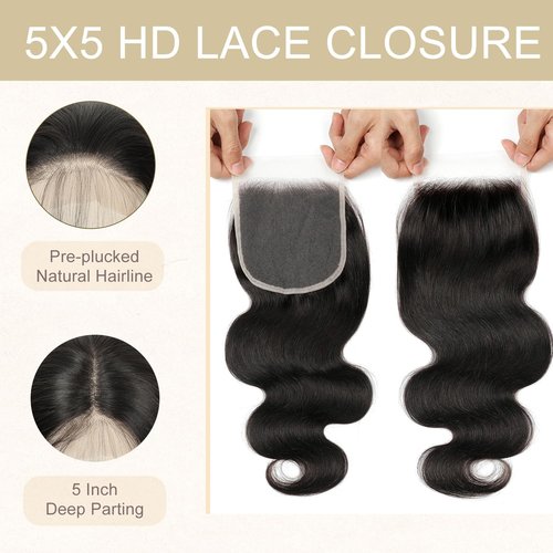 5x5 HD Lace Closure Human Hair Body Wave Virgin Human Hair Closure Invisible Transparent HD Lace Closure Pre-plucked Natural Black(16 Inch,Body Wave)