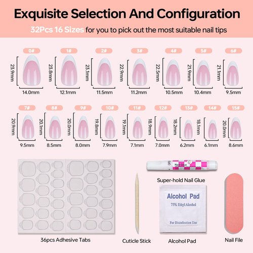 LY LANYOS Press On Nails Almond, Glossy Fake Nails, Supremely Fit Glue on Nails, Reusable Stick on nails with Nail Glue in 16 Sizes, 32 Pcs, a-Pink French