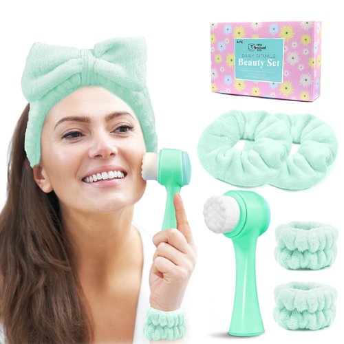 my novel things Facial Cleansing Brush, Spa Headband for Washing Face, Skincare Headband and Wristband Set, 2-in-1 Skin Care face Brush, Come with a Hair Scrunchie, for Massaging Makeup Skincare-Blue