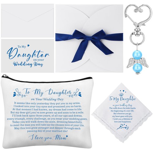 SilTriangle 6 Pcs Wedding Gift to Daughter from Mother Include Embroidered Handkerchief Bride Angel Charms Card Makeup Bag Petal Envelope Blank Envelope for Wedding Day Bridal Shower Keepsake