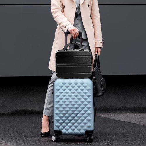 Acshio Mini Hard Shell Cosmetic Travel Case, 12 Inch Small Portable Makeup Train Case with Elastic Band Handle, Pressure-proof ABS Carrying Suitcase Toiletry Box for Travel, Camping, Black