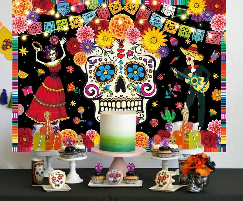 Day of The Dead Photo Backdrop Mexican Fiesta Sugar Skull Flowers - 8x6FT