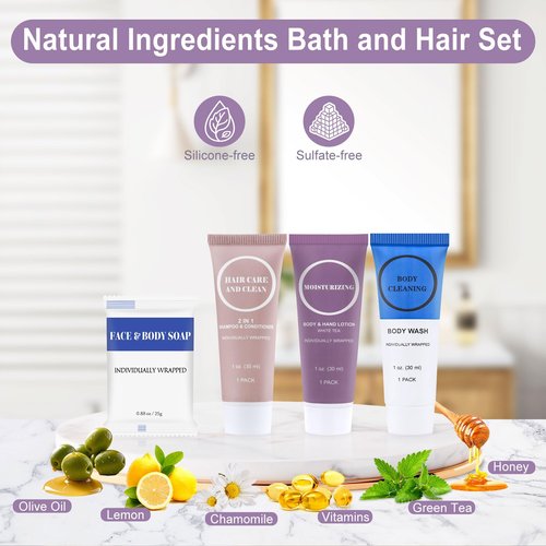 Travel Size Toiletries Set Bulk, Individually Wrapped 1 oz Mini Body Lotion Shampoo & Conditioner Body Wash 0.88 oz Bars Soap Toiletry Kit Guest Amenities for Hotel/Shelter/Homeless/Charity (120 Pack)