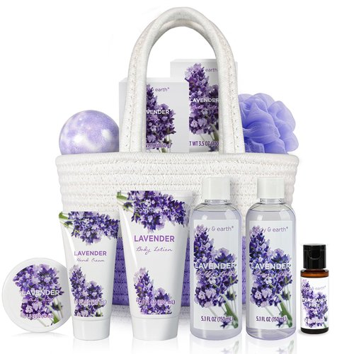 BODY & EARTH Spa Gift Baskets for Women 11pcs Lavender Gift Sets with Bubble Bath, Shower Gel, Body Lotion, Mom Birthday Gifts, Spa Kit, Purple Gift, Valentines Galentines Day Gifts for Her