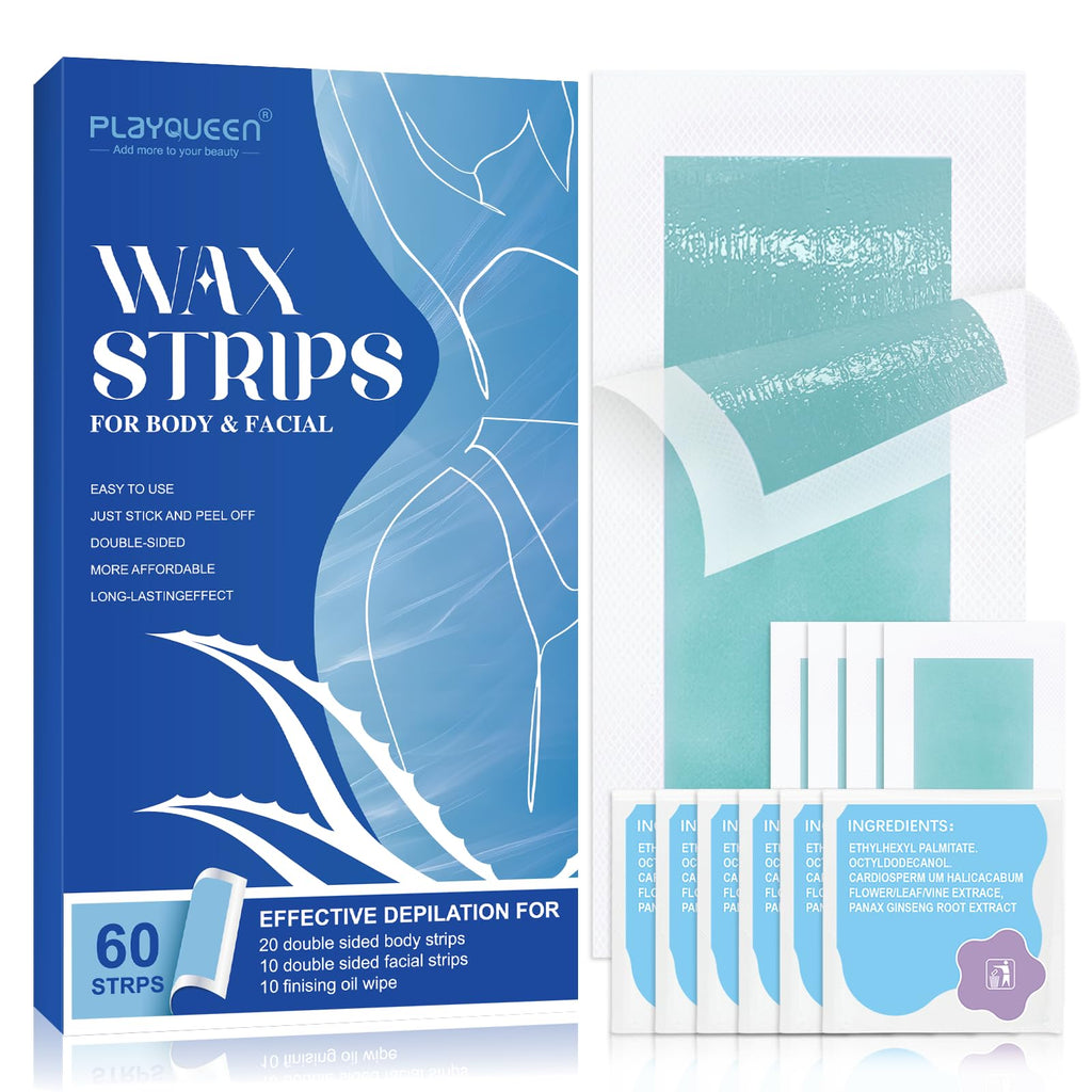 Wax Strips Hair Removal Kit – 60 Wax Strips + 10 Calming Oil Wipes, No Heating Required, Gentle & Effective for Face, Legs, Arms & Underarms, For Sensitive Skin