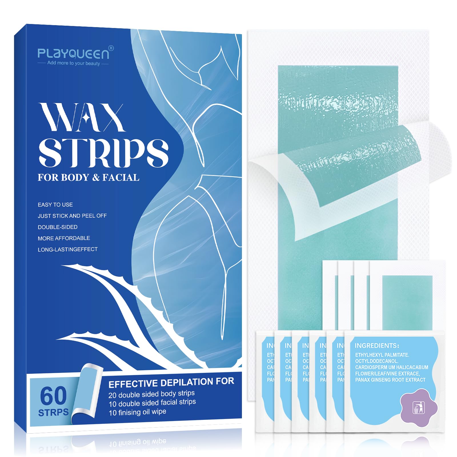 Wax Strips Hair Removal Kit – 60 Wax Strips + 10 Calming Oil Wipes, No Heating Required, Gentle & Effective for Face, Legs, Arms & Underarms, For Sensitive Skin