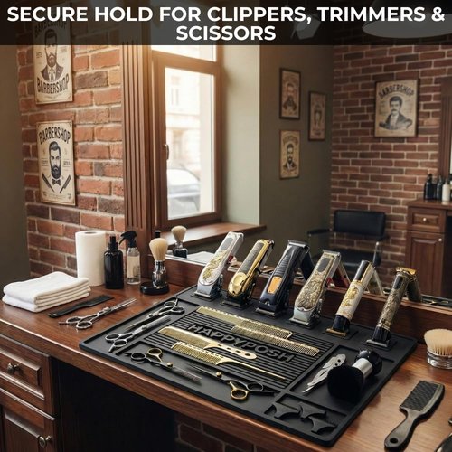 HAPPYPOSH Magnetic Barber Mat for Clippers, Large Professional Barber Station Mat with 6 Strong Magnets, Non-Slip Rubber Barber Tool Organizer for Salon Stations, 20" x 14" Black