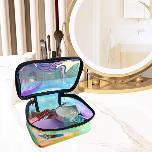 Holographic Clear Cosmetic Bags 2 pcs Transparent Iridescent Makeup Pouch Waterproof Organizer Case-Holographic Blue