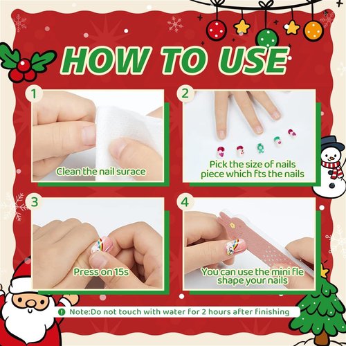 144Pcs Christmas Kids Press on Nails Children Girls Press on Short Artificial Fake Nails No fading Stable Cute Pre Glue Full Cover Acrylic Nail Tip Kit Gift for Kids Nail Decoration (Christmas)
