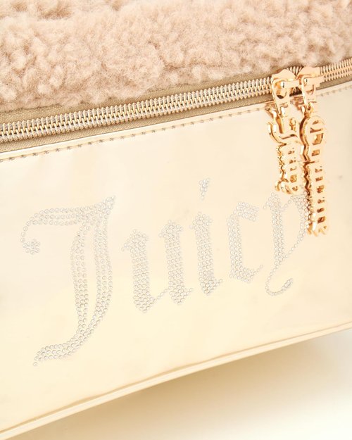 Juicy Couture Gold Makeup Bag - Shiny Rhinestones Travel Organizer | Faux Shearling Design