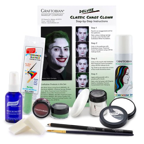 Graftobian Classic Chaos Clown Makeup Kit - Complete 11-Piece Set for Scary Jester or Clown Costume - Deluxe Face Paint with Full Color Instructions Included, Perfect for Cosplaying and Halloween