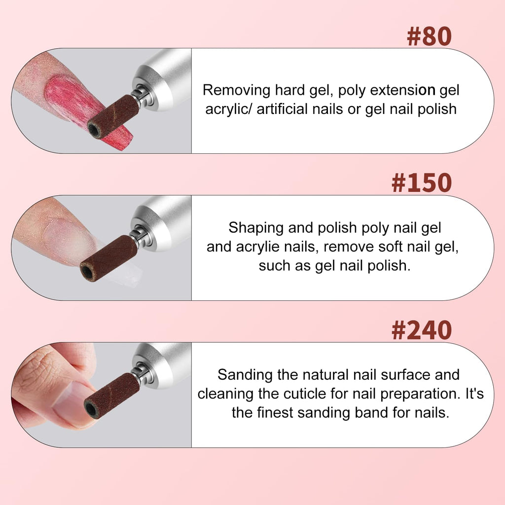 Vnjaoi 120 Pcs 3mm Small Sanding Bands with 2Pcs Small Mandrel Bit for Nail Drill, Fine Upgrade Design Mini Nail Sanding Bands for Acrylic Nails Gel Removing Shaping, Manicure Nail Salon Use (180#)