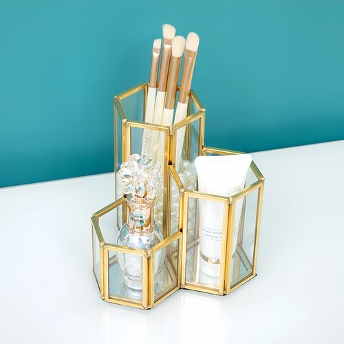 JIARI Glass Makeup Brush Holder, 3 Slots Gold Hexagon Cosmetics Organizer, Desktop Pen Pencil Pot for Office Home (Hexagon-3 Slot)