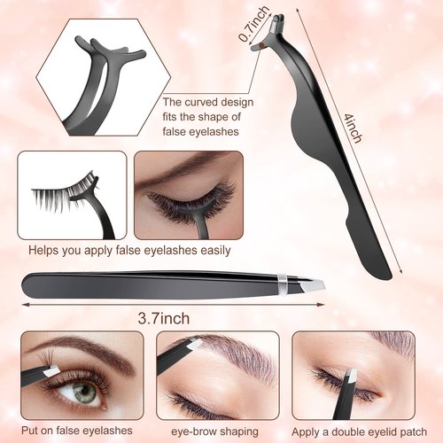 17 Pcs Eyelash Curlers Kit Lash Curler Eyelash Comb Seperator Extension Tweezers Eyebrow Brush Scissors False Eyelashes Applicator Eyebrow Trimmer Silicone Refills Pads for Women(Black)