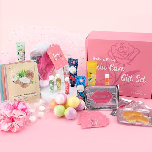 Jutqut 120PCS Spa Party Supplies for Girls, Include Facial Masks, Lip Mask, Under Eye Patches, Lip Balm, Foot Bath Bombs, Hand Cream, Compressed Towel, Hair Band, Sleepover Party Supplies for Girls