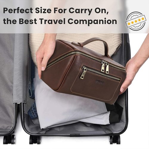 CONTACTS Full Grain Leather Travel Toiletry Bag for Men Large Wash Bag with Handle Bathroom Shaving Dopp Kit Toiletries Organizer Vintage Cosmetic Bag