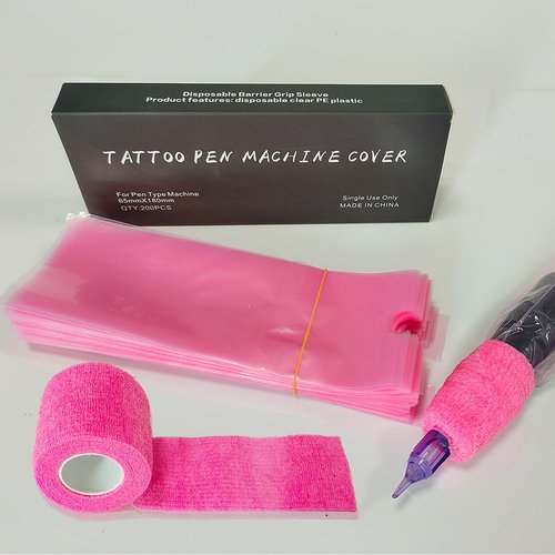 Anghie Tattoo Machine Pen Covers with 6pcs Pink Grip Tape Wrap,200Pcs Large 2.56 X 7.09 inch Machine Wrap, Combination Grip Tattoo Machine Covers Self-Adhesive Tape Wrap