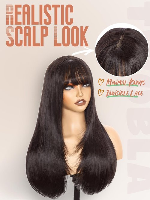 Twobla 26 Inch Natural Black Wig With Bangs | Long Black Straight Layered Synthetic Wig for Women | Heat Resistant, Realistic Scalp, Freestyle Parting | Wear & Go, No Glue Needed | Cosplay & Daily Use