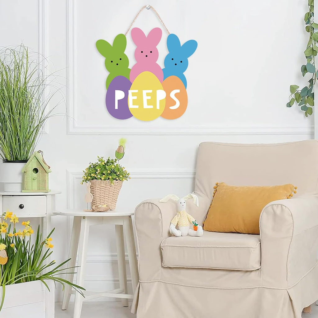 Welcome Peeps Easter Wreath - Cute Bunny Wood Hanging Sign for Farmhouse Door Decor