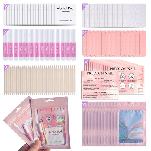 Disposable Nail Supplies Kits,Professional Manicure Press On Nail Tool Kit with Nail File,Adhesive Tabs,Nail Glue,Sticks, Prep Pads,Bags,Cards for Nail Business (140pcs20set-pink)