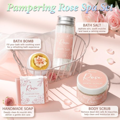 Spa Gifts for Women Bath Gift Set, Rose Relaxing Spa Gift Baskets Home Bath Set Self Care Kit Care Package Thank You Birthday Valentines Day Gifts for Her Women Mom Friends Sister Teen Girls Wife